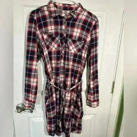 Tommy Hilfiger Denim plaid/flannel like dress Size Medium Blue/Red/White. Belted - Picture 1 of 13